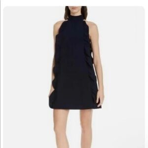 TED BAKER Navy Blue Torriya Ruffle Accent Mock Neck Shift Short Dress Size 1‎